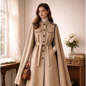 Vintage Youthcraft Belted Wool Cape Jacket Military Brown Velvet Trim Academia